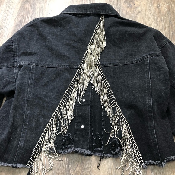 Blue B. Cropped Black Denim Jacket with Silver Rhinestone Fringe - Picture 8 of 16